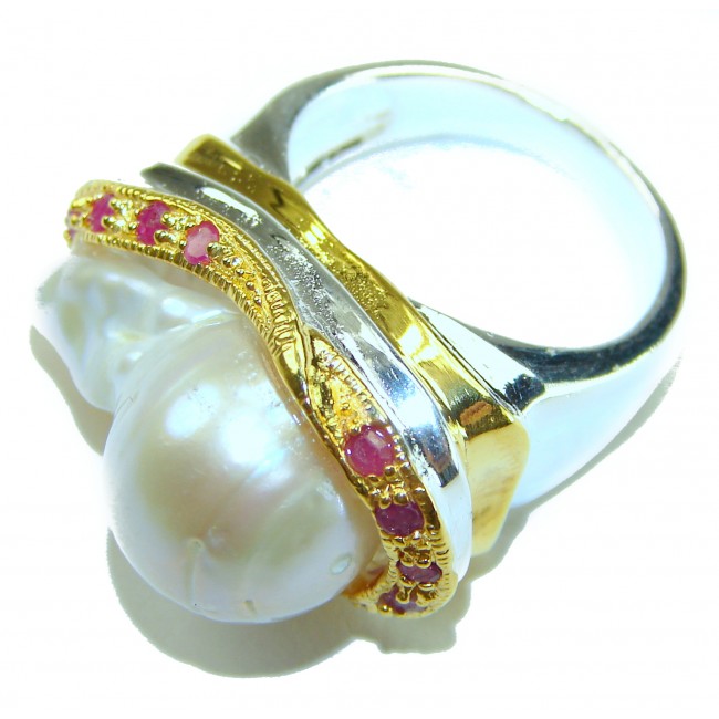 Huge Authentic rare Mother of Pearl Ruby 18K Gold over .925 Sterling Silver handcrafted ring; s. 7 - photo 1