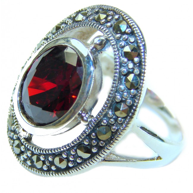 Crimson Fire Natural 7.8 carat Garnet Marcasite .925 Sterling Silver handmade Large Statement Ring size 7