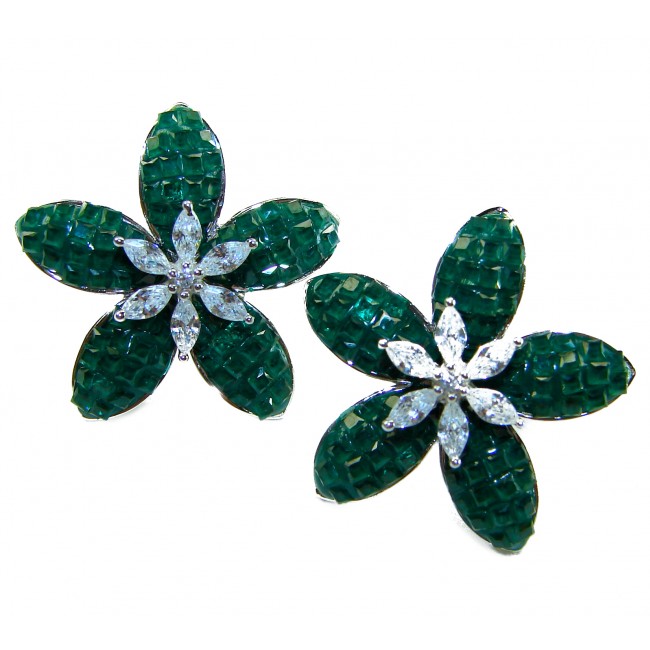 Incredible green Flowers genuine 10.5 CARAT Emerald .925 Sterling Silver handcrafted Earrings - photo 3