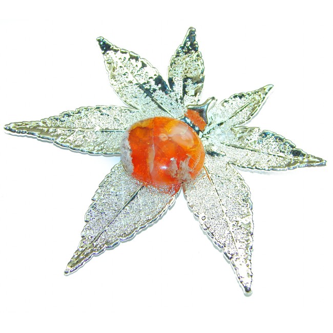REAL Leaf dipped in sterling silver 22.2 Golden Mexican Fire Opal & .925 Sterling Silver Pendant