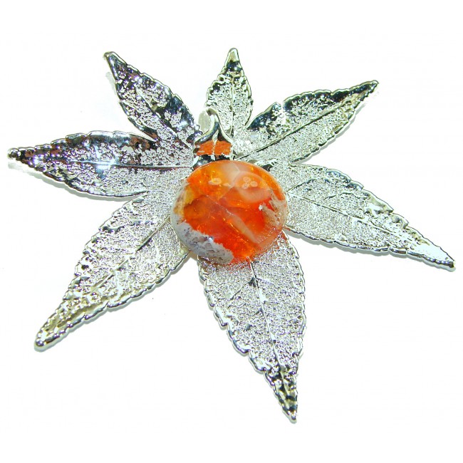 REAL Leaf dipped in sterling silver 22.2 Golden Mexican Fire Opal & .925 Sterling Silver Pendant