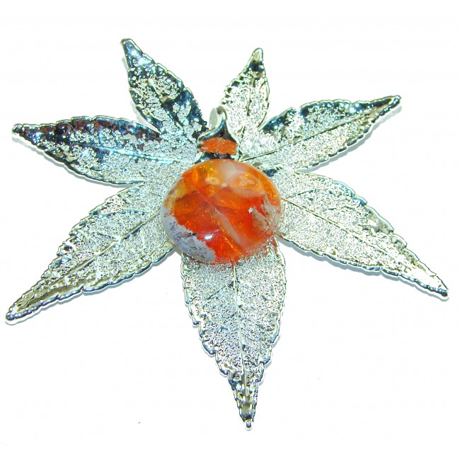 REAL Leaf dipped in sterling silver 22.2 Golden Mexican Fire Opal & .925 Sterling Silver Pendant
