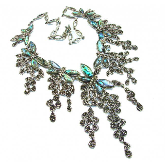 HUGE 80.5 grams Seven Butterflies design genuine Raibow Abalone .925 Sterling Silver handcrafted Necklace