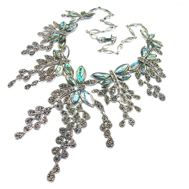 HUGE 80.5 grams Seven Butterflies design genuine Raibow Abalone .925 Sterling Silver handcrafted Necklace