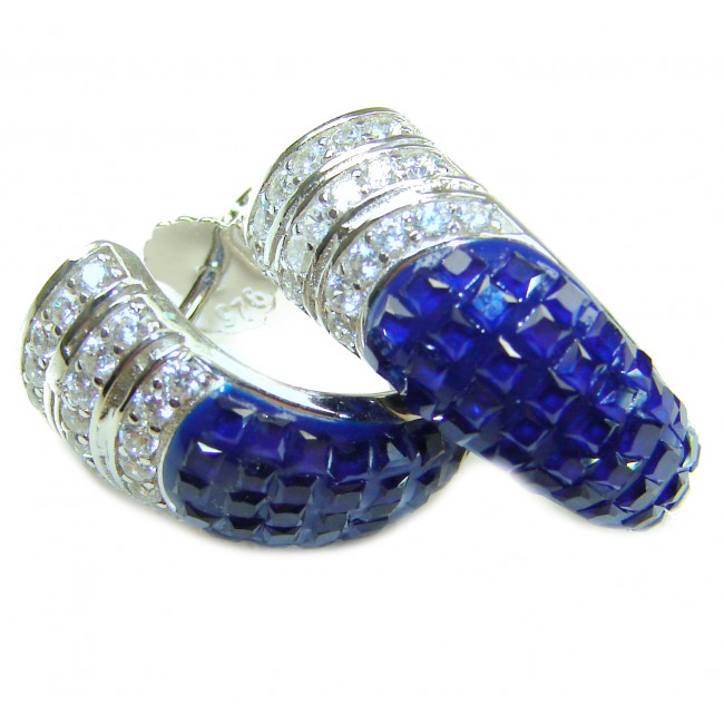 Born to Glam authentic 10.5 carat Sapphire .925 Sterling Silver handcrafted earrings - Close-up of sapphire and diamond sterling silver earrings.