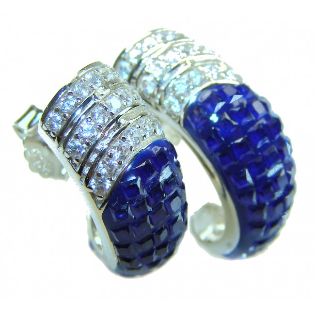 Born to Glam authentic 10.5 carat Sapphire .925 Sterling Silver handcrafted earrings - Close-up of "Born to Glam" sapphire and diamond earrings.