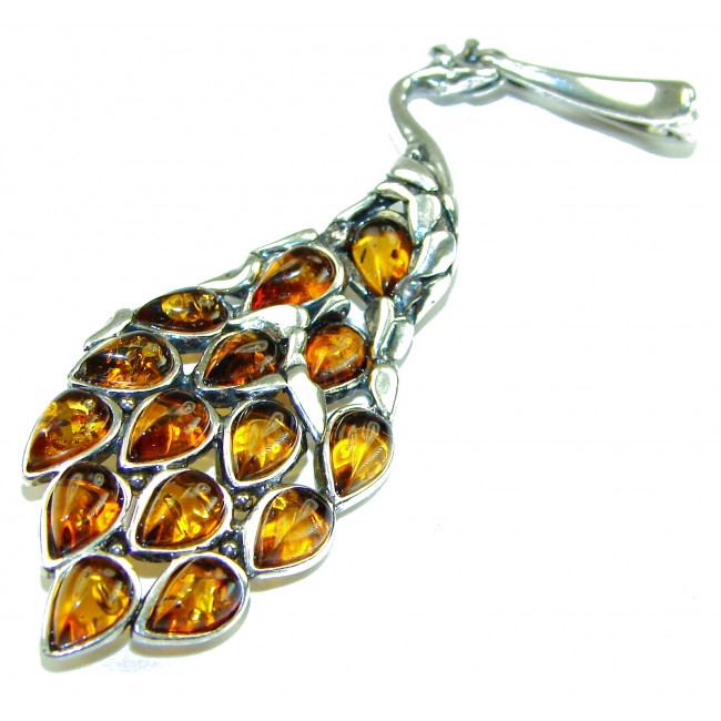2 7/8 inches! Peacock Prehistoric Authentic Baltic Amber .925 Sterling Silver beautifully handcrafted Pendant