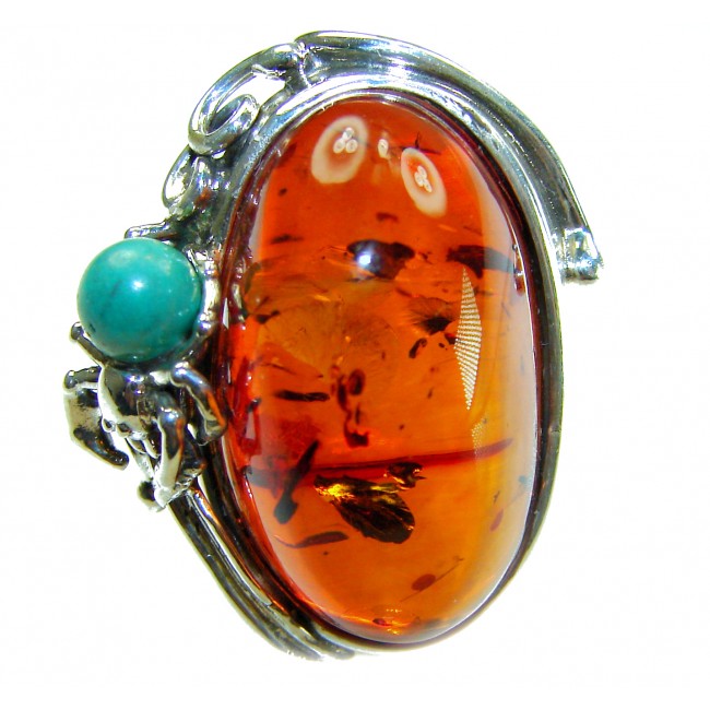 Blue Spider - Natural Baltic Amber Turquoise .925 Sterling Silver handcrafted ring; s. 7 adjustable - Close-up of amber and turquoise stone in silver setting.