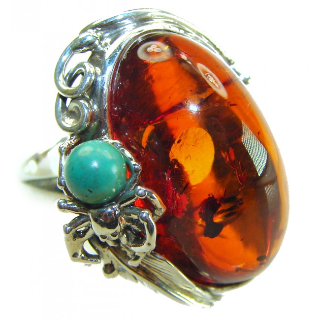 Blue Spider - Natural Baltic Amber Turquoise .925 Sterling Silver handcrafted ring; s. 7 adjustable - Close-up of Blue Spider ring with amber and turquoise stones.