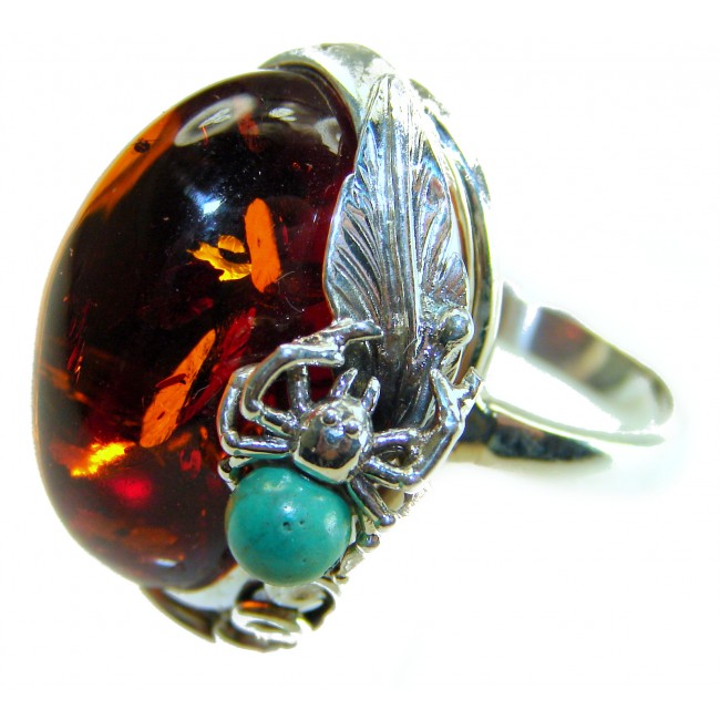 Blue Spider - Natural Baltic Amber Turquoise .925 Sterling Silver handcrafted ring; s. 7 adjustable - Close-up of sterling silver ring with amber and turquoise stone detailing