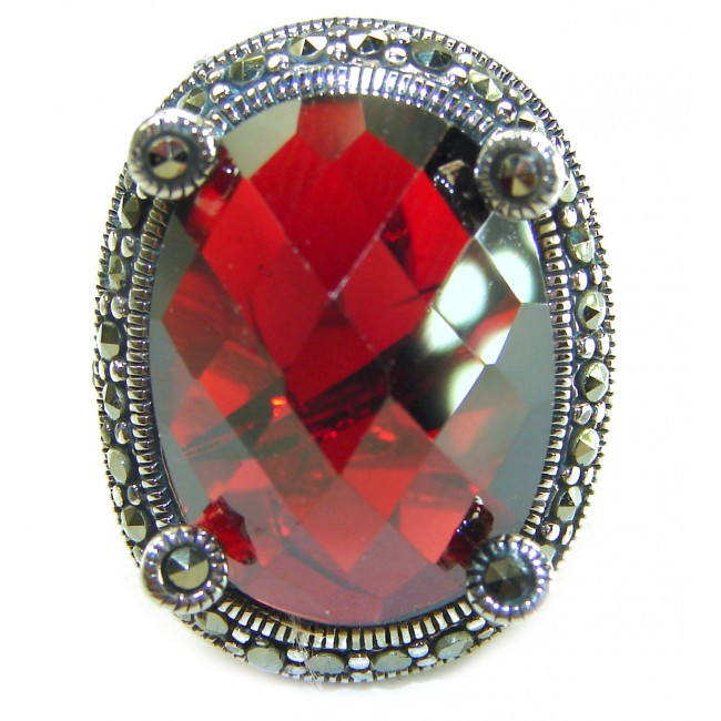 Wonderland Natural 29.4 carat Garnet Marcasite .925 Sterling Silver handmade Large Statement Ring size 8