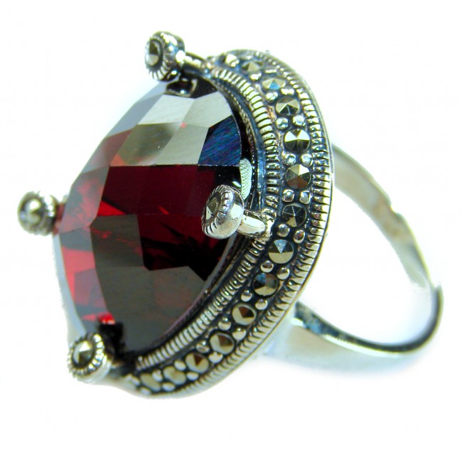 Wonderland Natural 29.4 carat Garnet Marcasite .925 Sterling Silver handmade Large Statement Ring size 8