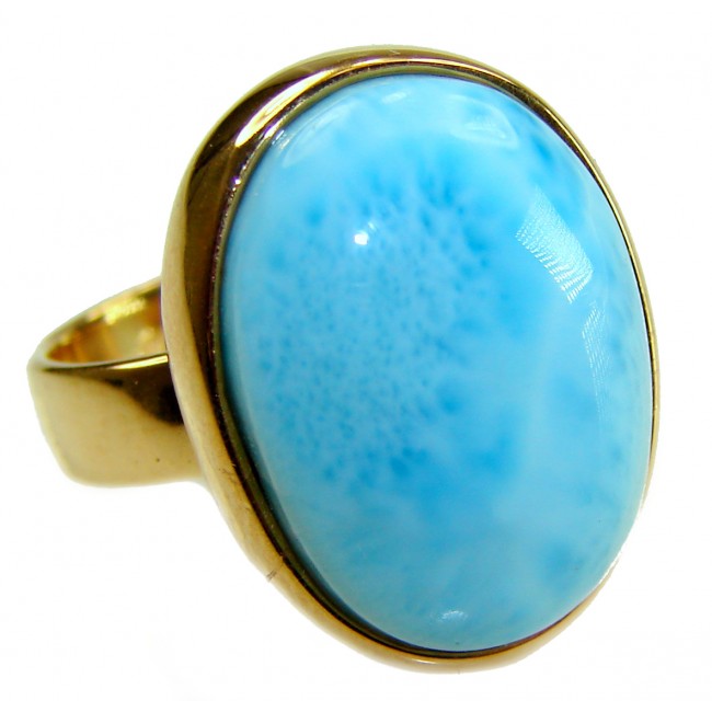 Blue Perfection AAAA QUALITY Blue Larimar 18K Gold over .925 Sterling Silver handmade Large ring size 8 adjustable - Close-up of Blue Larimar ring set in 18K gold.