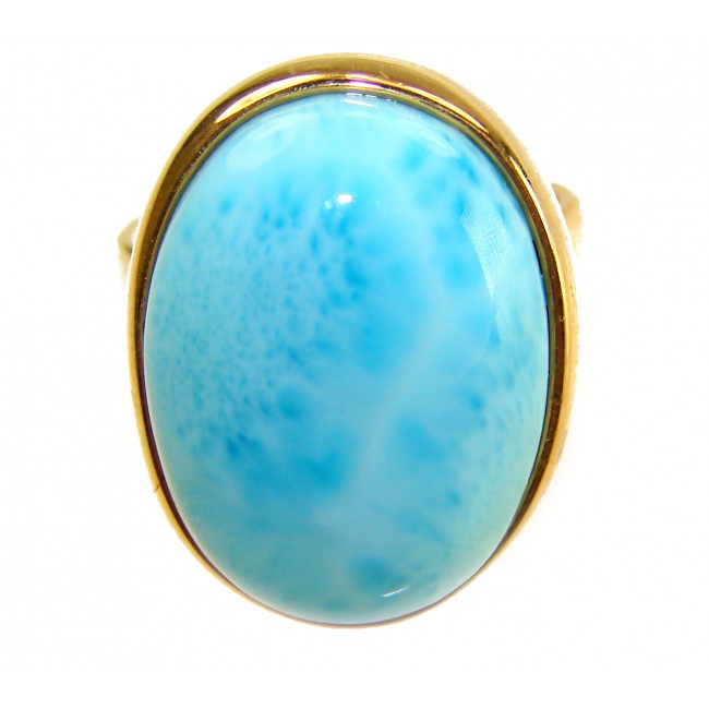 Blue Perfection AAAA QUALITY Blue Larimar 18K Gold over .925 Sterling Silver handmade Large ring size 8 adjustable - Close-up of Blue Larimar ring set in 18K gold