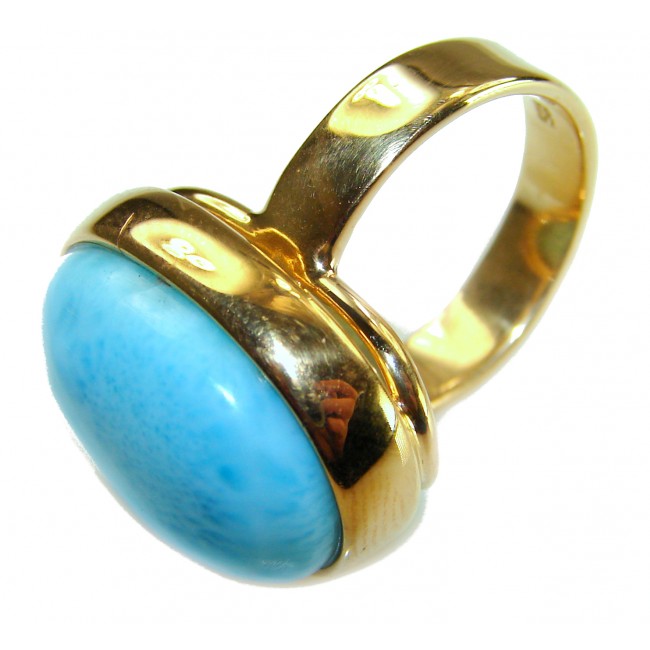 Blue Perfection AAAA QUALITY Blue Larimar 18K Gold over .925 Sterling Silver handmade Large ring size 8 adjustable - Side view of blue Larimar ring in 18K gold setting