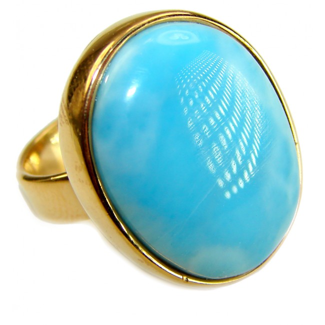 Blue Perfection AUTHENTIC Larimar 18K Gold over .925 Sterling Silver handmade Large ring size 8 adjustable - Blue Larimar ring in 18K gold setting, angled stone close-up.