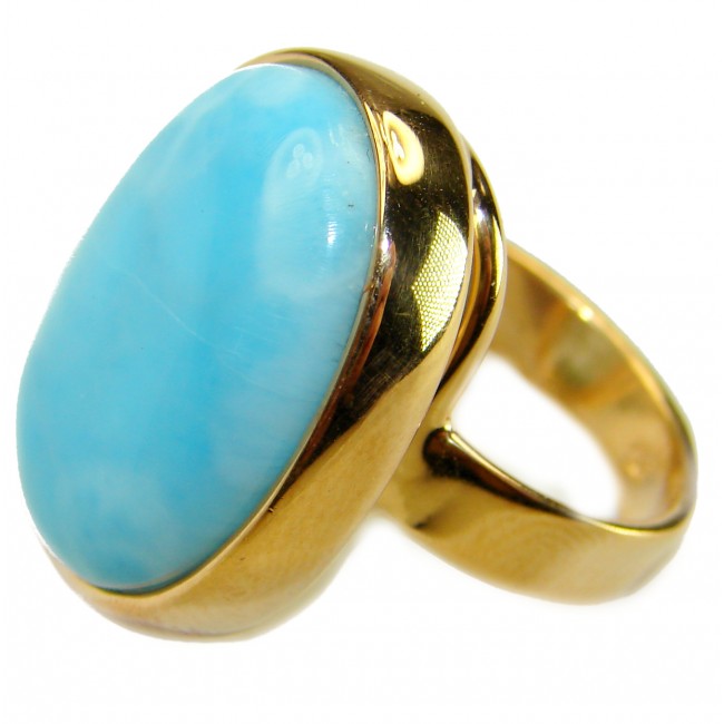 Blue Perfection AUTHENTIC Larimar 18K Gold over .925 Sterling Silver handmade Large ring size 8 adjustable - Side view of blue Larimar ring in 18K gold over .925 sterling silver.