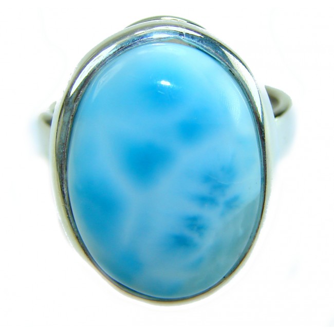 Large 14.9 carat Blue Perfection Blue Larimar .925 Sterling Silver handmade Large ring size 7 adjustable - Close-up of large blue Larimar stone in sterling silver setting.