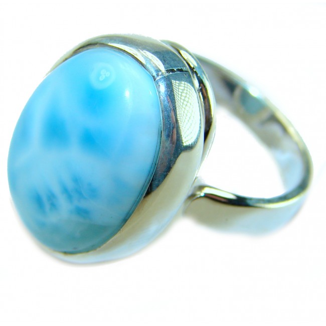 Large 14.9 carat Blue Perfection Blue Larimar .925 Sterling Silver handmade Large ring size 7 adjustable - Close-up of large blue larimar stone on .925 sterling silver ring.