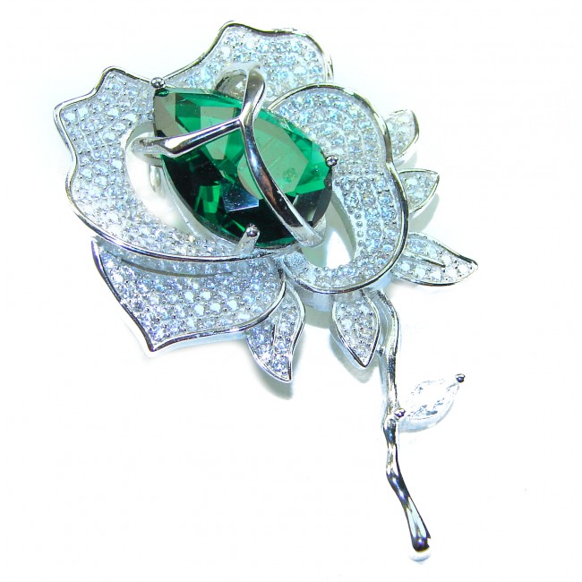 Retro Style - Precious Rose Genuine 12.5 carat Colombian Emerald .925 Sterling Silver handmade Pendant - Brooch