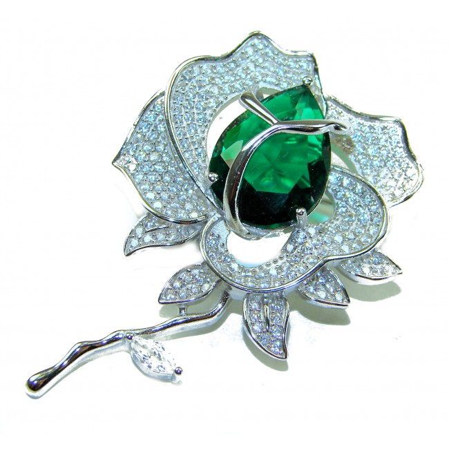 Retro Style - Precious Rose Genuine 12.5 carat Colombian Emerald .925 Sterling Silver handmade Pendant - Brooch