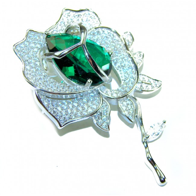 Retro Style - Precious Rose Genuine 12.5 carat Colombian Emerald .925 Sterling Silver handmade Pendant - Brooch