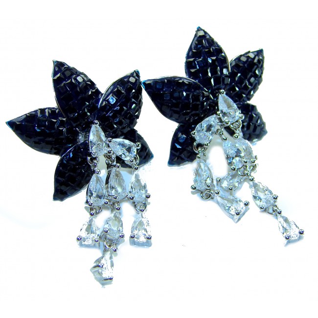 Magnificent Jewel 15.5 carat Sapphire .925 Sterling Silver handcrafted incredible earrings - Front view of sapphire and silver earrings with dangling stones