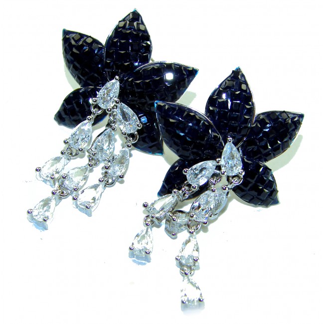 Magnificent Jewel 15.5 carat Sapphire .925 Sterling Silver handcrafted incredible earrings - Front view of sapphire and silver earrings with dangling stones