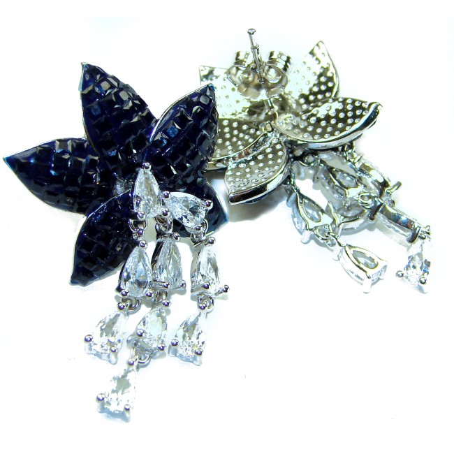 Magnificent Jewel 15.5 carat Sapphire .925 Sterling Silver handcrafted incredible earrings - Close-up of Magnificent Jewel 15.5 carat Sapphire earrings, front view.