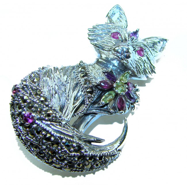 Fox - Natural Ruby .925 Sterling Silver handmade Pendant Brooch - Fox-shaped pendant, top view, featuring rubies and intricate details.