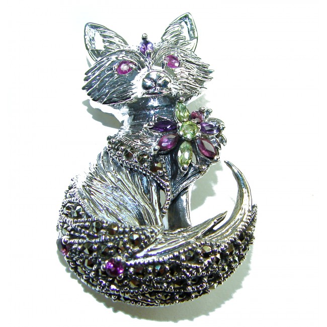 Fox - Natural Ruby .925 Sterling Silver handmade Pendant Brooch - Fox-shaped pendant with gemstones, front view.
