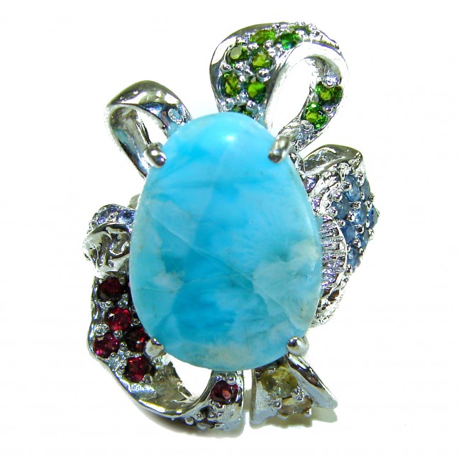 Blue Beauty AAAA QUALITY Blue Larimar .925 Sterling Silver handmade Large ring size 8 - Close-up of Blue Larimar ring with silver and multicolored stones.
