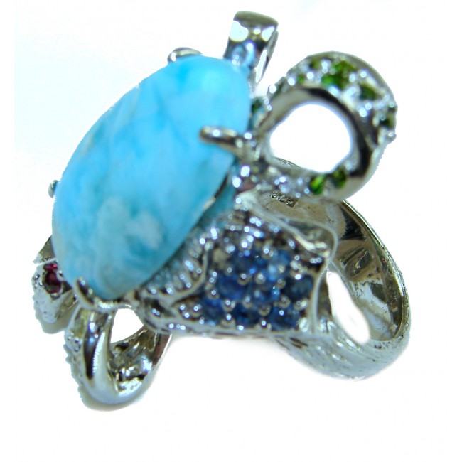 Blue Beauty AAAA QUALITY Blue Larimar .925 Sterling Silver handmade Large ring size 8 - Side view of Blue Larimar in sterling silver setting with green accents.