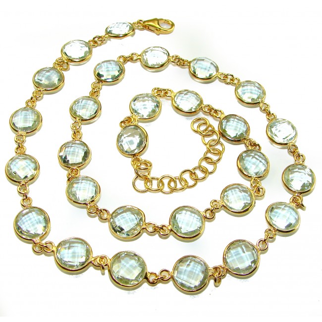 30.5 carat genuine round shape Green Amethyst 18K Gold over .925 Sterling Silver handmade Statement necklace