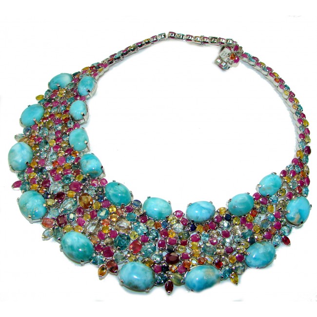 Luna 255.3 carat authentic Larimar From Dominican Republic .925 Sterling Silver handcrafted MASSIVE STATEMENT Necklace