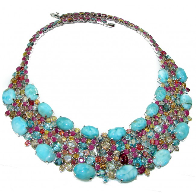 Luna 255.3 carat authentic Larimar From Dominican Republic .925 Sterling Silver handcrafted MASSIVE STATEMENT Necklace