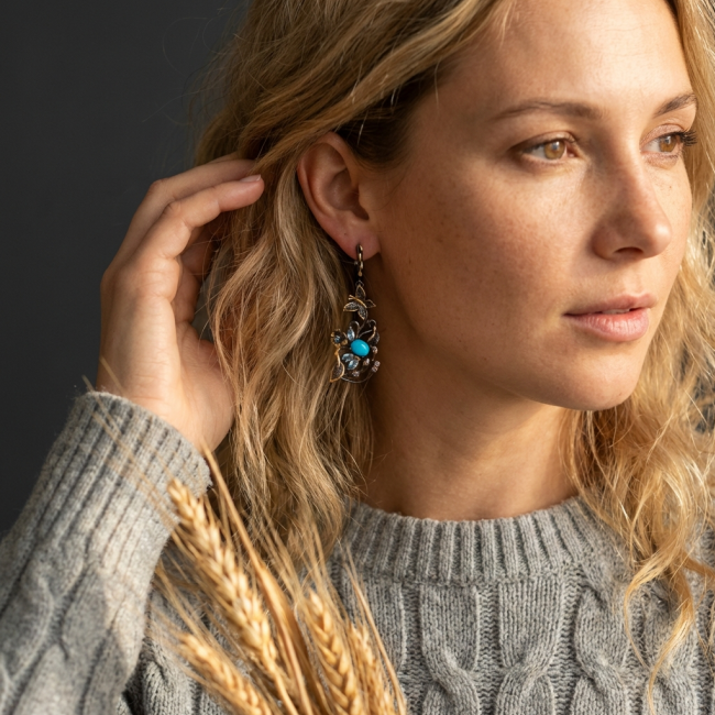 Glden Butterflies Sleeping Beauty Turquoise Marcasite black rhodium over .925 Sterling Silver Handcrafted earrings