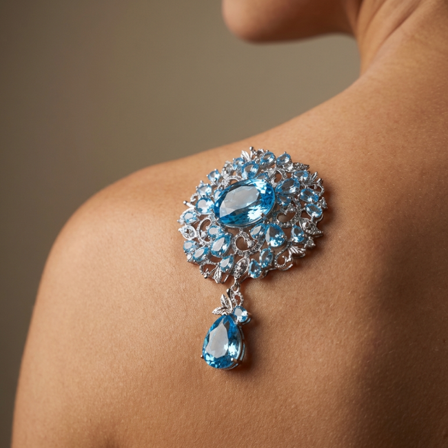 An exuberantly Large 75.5 grams Vintage style Swiss Blue Topaz .925 Sterling Silver DIPPED IN RHODIUM handmade LARGE Pendant - Brooch - photo 3