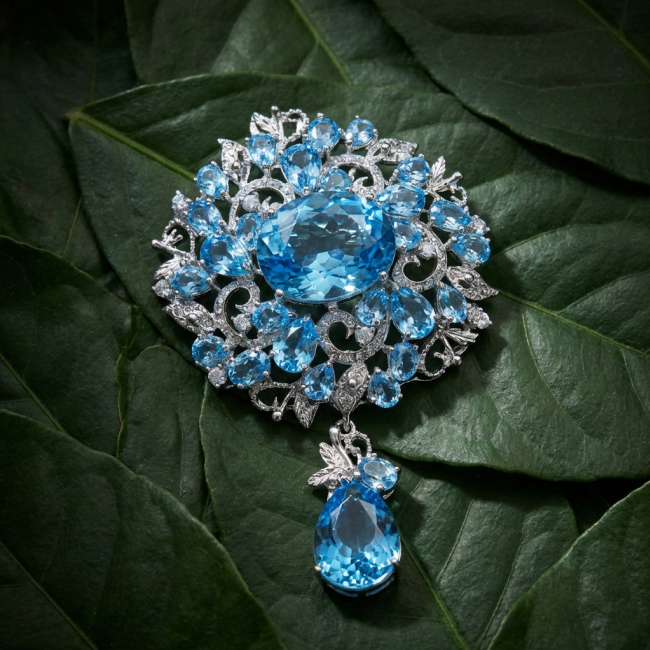 An exuberantly Large 75.5 grams Vintage style Swiss Blue Topaz .925 Sterling Silver DIPPED IN RHODIUM handmade LARGE Pendant - Brooch - photo 2