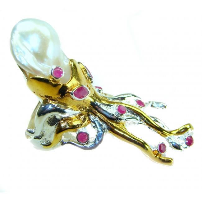 Massive Golden Mother of Pearl Octopus with Ruby eyes 18K Gold over .925 Sterling Silver handcrafted ring s. 8 1/4 - Side view of golden octopus ring with mother of pearl and ruby accents.