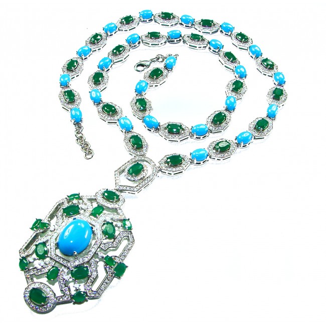Art Deco - Pacifica - 168.4 carat Turquoise Emerald .925 Sterling Silver handmade Statement necklace; 24 inches long