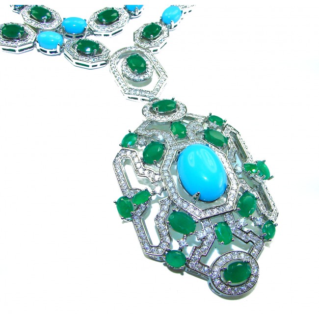 Art Deco - Pacifica - 168.4 carat Turquoise Emerald .925 Sterling Silver handmade Statement necklace; 24 inches long
