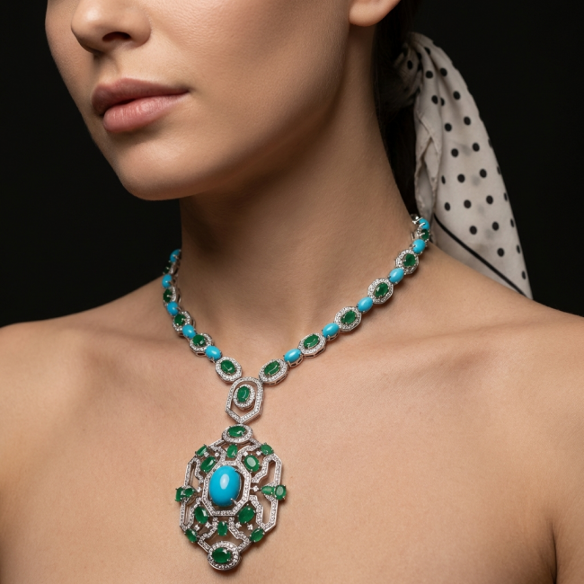 Art Deco - Pacifica - 168.4 carat Turquoise Emerald .925 Sterling Silver handmade Statement necklace; 24 inches long
