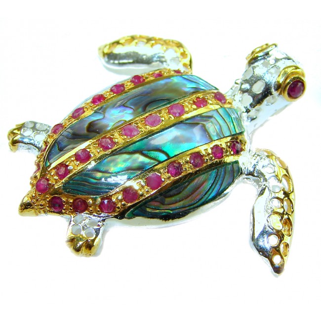 Good health and Long life Turtle Genuine Rainbow Abalone 14K Gold over .925 Sterling Silver handcrafted Pendant brooch