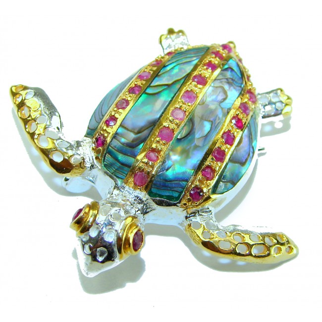 Good health and Long life Turtle Genuine Rainbow Abalone 14K Gold over .925 Sterling Silver handcrafted Pendant brooch