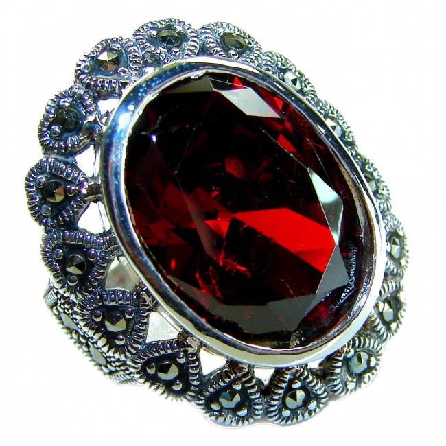Wonderland Natural 27.7 carat Garnet Marcasite .925 Sterling Silver handmade Large Statement Ring size 8
