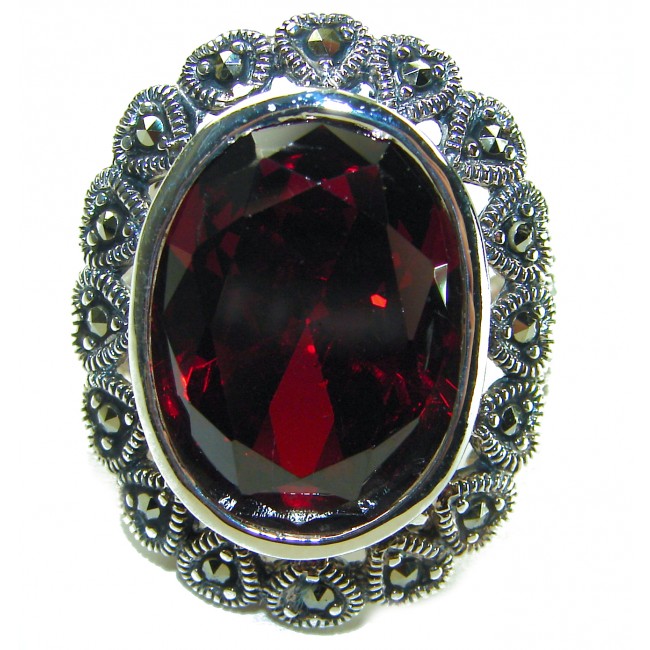 Wonderland Natural 27.7 carat Garnet Marcasite .925 Sterling Silver handmade Large Statement Ring size 8