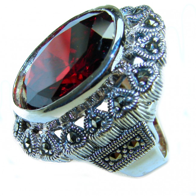 Wonderland Natural 27.7 carat Garnet Marcasite .925 Sterling Silver handmade Large Statement Ring size 8