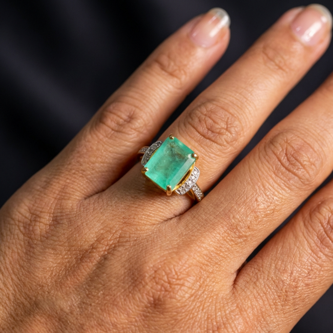 Gabriella 6.2 carat 0.4 Diamond 4 Prong Emerald Cut Colombian Emerald .925 Sterling Silver dipped in 22K GOLD handcrafted Ring size 7