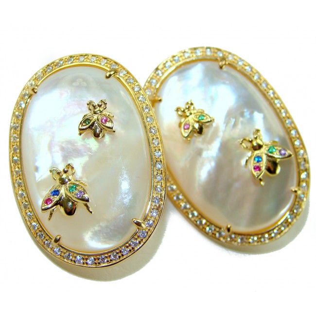Genuine Blister Pearl lab grown Diamond 18K Gold over .925 Sterling Silver handcrafted Large Statement Earrings